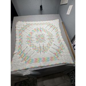 Vintage Handmade‎ Crochet Knitted Yarn Rainbow Baby Blanket 37x37